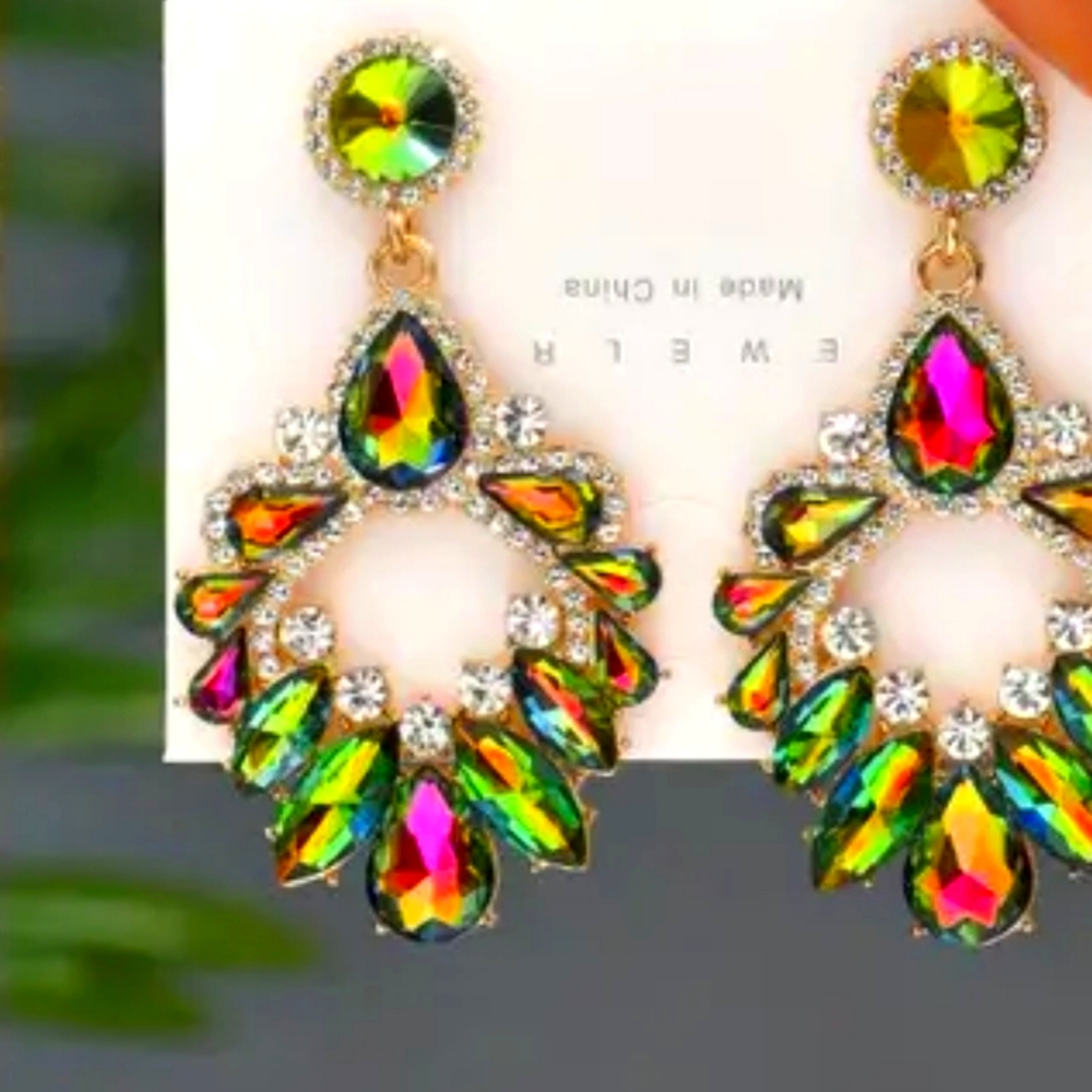 NEW Aurora Borealis Crystal earrings Peacock Chandelier statement Necklace